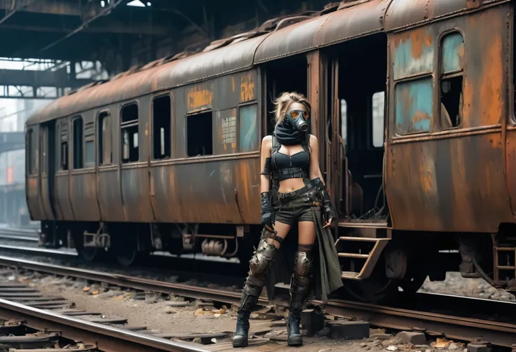 Create a diagonal and faithful image of a sad girl in torn clothes and dirty 18 year old Madmax style leaning against the side of a long rusty and dirty subway train with METAL spikes around it underground, she is wearing an old gas mask, armored train and...