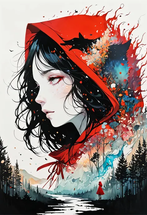 (Double exposure:1.3) effect of Little Red Riding Hood and the Wolf silhouette, superimposed against dark forest sky by Conrad Roset, Brandon Kidwell, Andreas Lie, Dan Mountford, Agnes Cecile, Jeremy Mann, oil and ink canvas, fine art, super dramatic light...