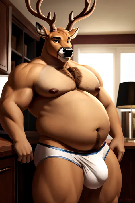 Deer, fat, belly, fat body, Male Focus, Stomach, white Underwear, giant bulge, giant balls, cumerate penis, Nipples, sexy pose, Full Body, sex