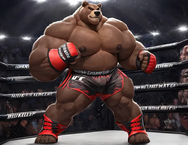 Solo, 1boy, A huge muscular grizzly bear at the UFC MMA Fighting Tournament, big smirk, grizzly bear, huge thick brown fur, thick arms, huge arms. Buzz cut, (huge thick muscular, huge pectoral, wide pectoral, thick arms, thick neck), bulky, bulking, hulkin...