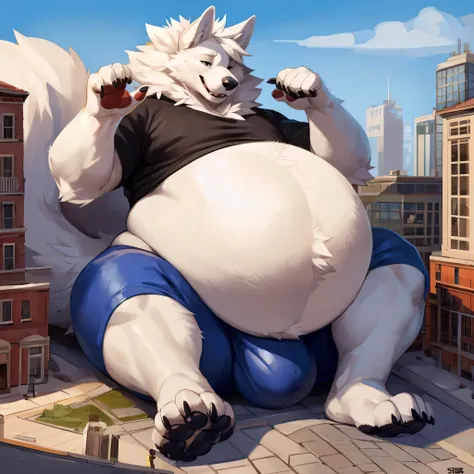 4k ultra quality, 4k half body view,ultra high detailed body,feral wolf,white fur,white hair, big belly, (round belly), hyper belly, enormous belly, enormous body,by mystikfox61, by glitter trap boy, by bebebebebe,by morethreedee, by seibear,(thick thigh),...