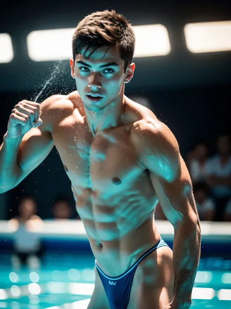 (1boy, photorealistic:1.4, ultra realistic, masterpiece:1.2, best quality, 4k), depict a young and handsome olympic male diver diving off the high dive, wearing small speedo, diving into pool, photo from the olympic games, detailed face, ultra realistic sk...