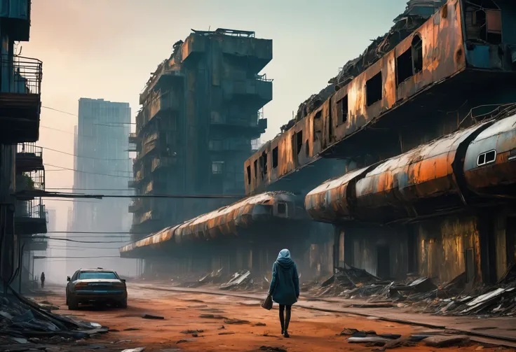 image taken of a girl wearing a hoodie and short, torn dirty clothes, She is wandering among the buildings of an abandoned, ultra-futuristic North American megalopolis city, nuclear apocalypse environment, the dystopian city, has many tall, dystopian metal...