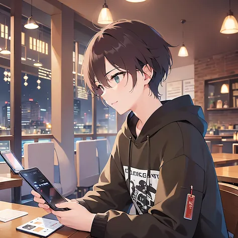 BREAK (25-year-old male:1.5) and (Mahogany brown short hair) and (Green Eyes)
 BREAK,(looking away:1.5),upper body,Side shot、、(handling_smart_phone, smart_phone:1.2)、
masterpiece、Highest quality、
black hoodie,
smile,Inside the restaurant at night、(alone:1....