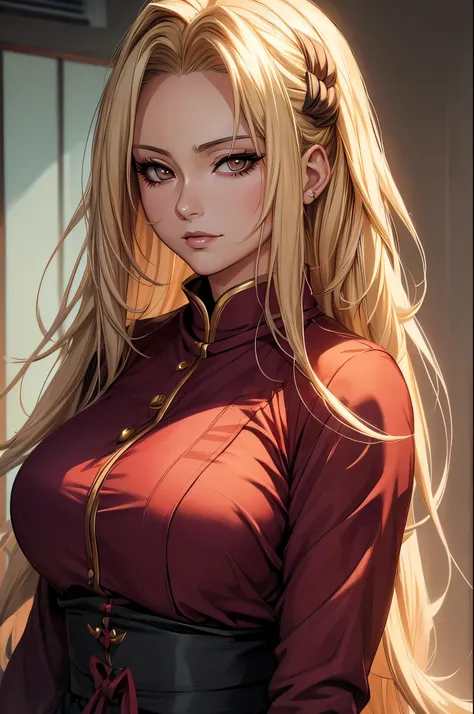 Tsunade, masterpiece), (portrait), medium breasts (aesthetics), A 32-year-old woman , romantic lighting that enhances her feminine features.