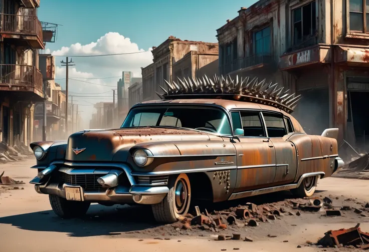 Create a diagonal and accurate image of an 18 year old girl with sunglasses leaning next to an old rusty and dirty 1955 Cadillac Eldorado with METAL spikes on the hood, Armored Vehicle, there are MANY SPOTS AROUND the car bodywork. WIDE AND THICK DIRTY WHE...