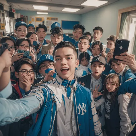 A high school boy in a blue uniform, who is the popular leader of his class with a yankee-like vibe. He is confidently taking a selfie with his smartphone while recording a video with his friends. The scene captures his charismatic and rebellious presence ...