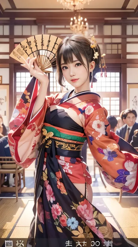 (sexy Japanese traditional dress), (banquet hall,, traditional Japanese party room:1.5), The background is a gold folding screen, doaxvv_Marie Rose, One girl, Maiko, slim body, huge bouncing busts, Black choker, Japanese traditional fan in hand, Dance with...