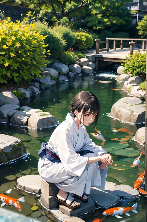 A mature woman in a white yukata squatting on a stone bridge over a koi pond in a garden, tilt one&#39;s head, Detailed eyes, long, straight black hair, masterpiece, From below, Detailed white panties