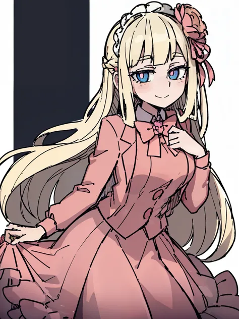 ((A woman，Long blond hair，Pink dress，Lolita Skirt，Pink flower hairpin)),Blue pupils，Bow tie on chest，front,Half Body,dignified，grace，Smile，White background