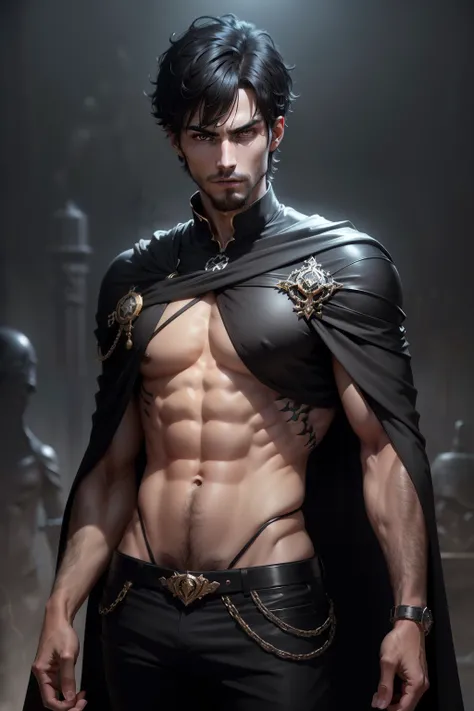 (8k,shipmentsrrealista　shipments　Maximum quality;1.4) (1 young boy) Super cute hairy torso of the king of the underworld　(lifelike face) 　(short hair black hair)　slenderbody　Muscular and macho　Black and black aristocratic costume with big black eyes　black ...