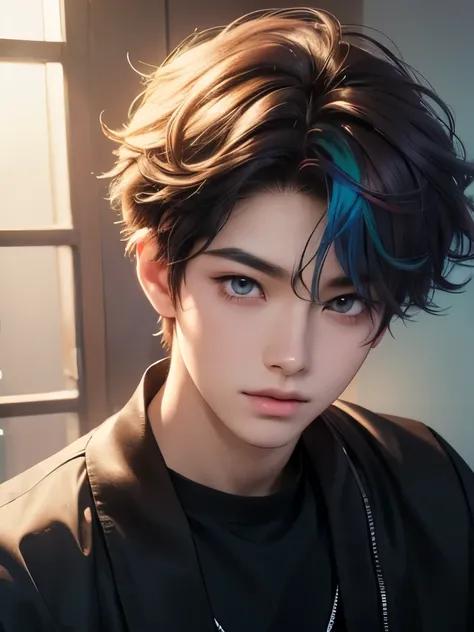 boy with wavy rainbow hair, Rainbow eyes , brown skin, cute asian boy, boy with a beautiful face, Realistic anime style, boy looking like a kpop idol