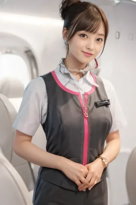 (masterpiece:1.2, Highest quality:1.2), 32k HDR, High resolution, (alone、1 girl)、(On the roof of a building、Professional Lighting)、daytime background、(Realistic style of JR Gran Class crew uniform)、Short sleeve blouse、a scarf around the neck、(JR Gran Class...