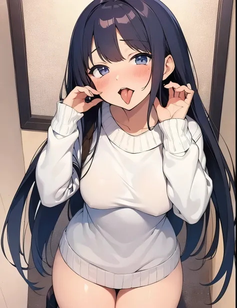 masterpiece,best qualtiy,anime,FellatioGesture,fellatio_gesture,1girl,blush,open_mouth,tongue_out,white sweater,small breast, Half-clenched fist
