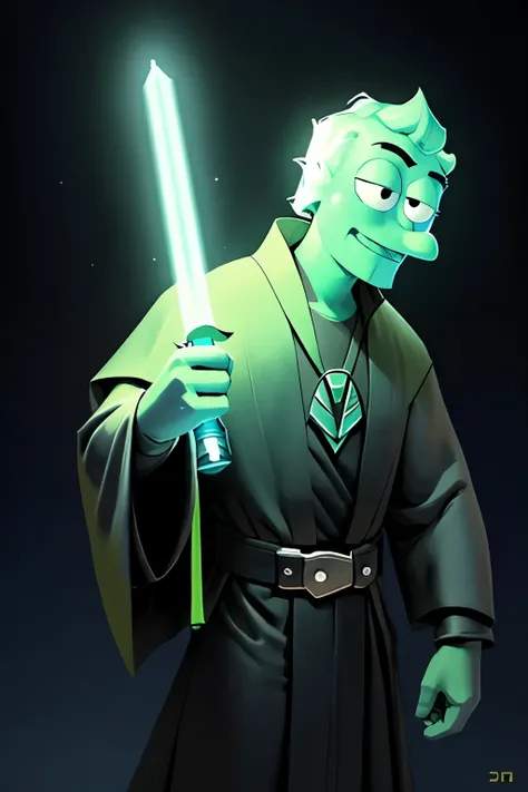 (Ultra detailed), a captivating and meticulously crafted full-size portrait of SpongeBob, transformed into a Jedid Knight. With his iconic yellow squidward suit now replaced by a shimmering Jedi robe, complete with a lightsaber in his right hand and a vest...
