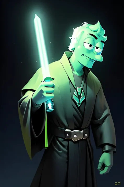 (Ultra detailed), a captivating and meticulously crafted full-size portrait of SpongeBob, transformed into a Jedid Knight. With his iconic yellow squidward suit now replaced by a shimmering Jedi robe, complete with a lightsaber in his right hand and a vest...