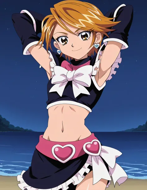 nagisa misumi, short hair, brown hair, brown eyes, 1girl, skirt, gloves, navel, jewelry, heart, earrings, detached sleeves, midriff, eyelashes, magical girl, cure black, shiny skin, solo, looking at viewer, smile, solo, contrapposto, spread armpit, arms be...