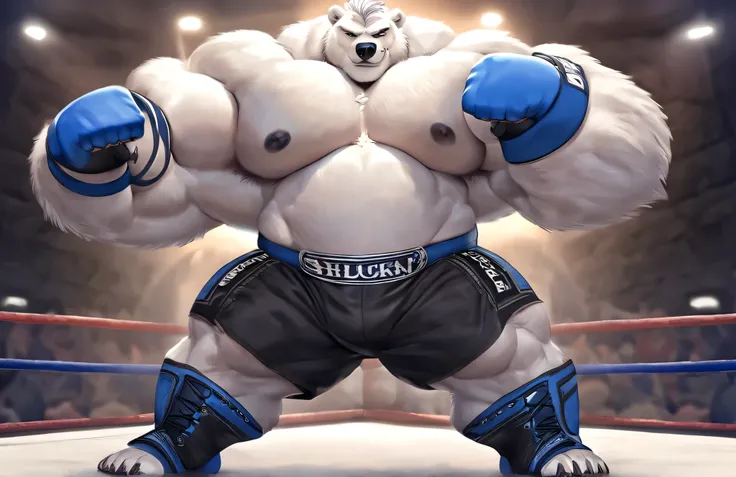 A huge muscular polar bear in hidden underground arena, big smirk, polar bear, huge white fur, thick arm, huge arm, white mustache, white bearded. Short white hair, (huge thick muscular, huge pectoral, wide pectoral, thick arms), bulky, bulking, bulk, hulk...