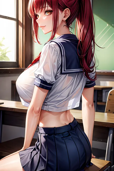 makima (chainsaw man), woman, sexy woman, mature female, mommy, sharp eyes, detailed lips, big breast, short sleeves sailor unif...