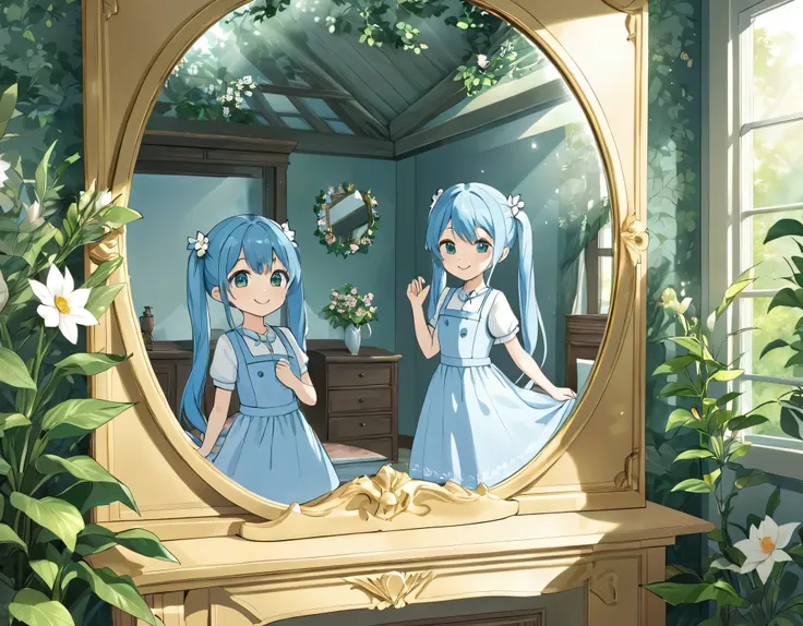 A cute room filled with margaret flowers、Light blue long hair、Twin-tailed Girl、A mirror house in the sunlit forest、Smiling at the mirror、A girl is reflected in the mirror、