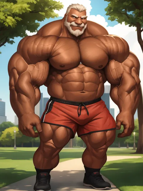 1boy, 1man, solo. Park, extremely huge muscular, massive muscular, full-body , (topless, shirtless, shorts), well-muscled old man. ((extremely muscle size, super thick arms, huge pec, extremely wide pectoral , huge arms)), wide smiling. Add textures and de...