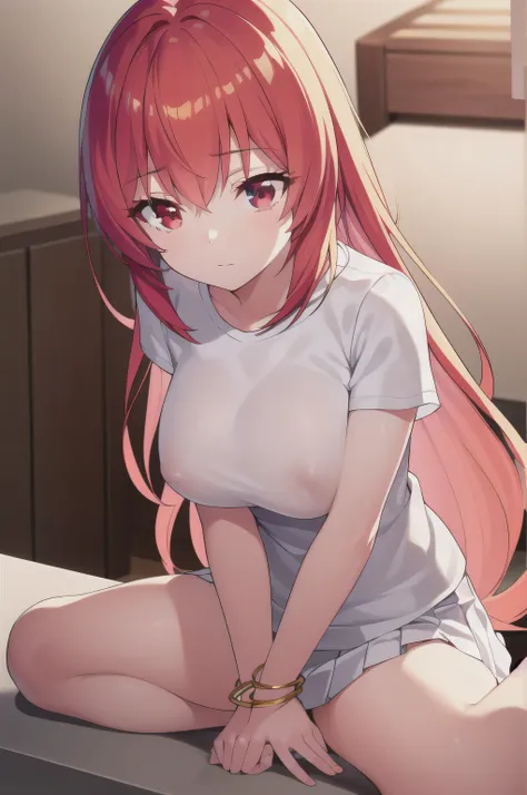 A girl，Long hair, bangs, Orange Hair, Hair between the eyes, (Red Eyes:1.5),  (Large Breasts:1.2), 
rest clavicle, White shirt, Pleated Skirt, mini skirt, bracelet, White skirt,cleveage，nipple，NUDE，
rest looking at viewer, whole body,
rest indoors, kitchen...