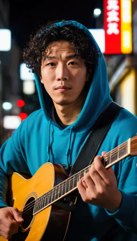 Realistic portrait in japan night streets, looking at the camera from the front, urban style, super detail masterpiece, pore detail :1.2, shot with sony a7 mark 4, korean man 30 years old, thin man, (portrait: 0.5), candid man posing, wearing rap hoodie, o...