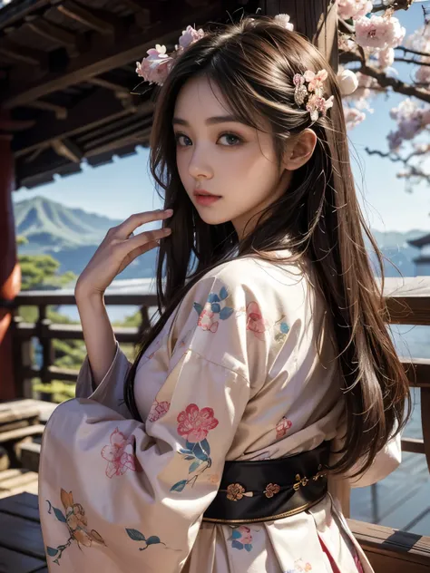 high resolution、1 Japan Beautiful Woman、A three-dimensional, colorful fractal image is the background、Gorgeous Japanese clothing、Waist、Beautiful big eyes、Beautiful hair、profile、round face、