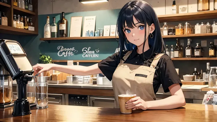 1 girl, adult, dark blue hair, messy hair, Medium hair, light blue eyes, black shirt, black jeans, beige apron, work, Bartender, Waiter, Coffee brewing, cafe bar, concentration, look away, be happy, warmสบาย, cool, illustration, Masterpiece, Ghibli, perfec...