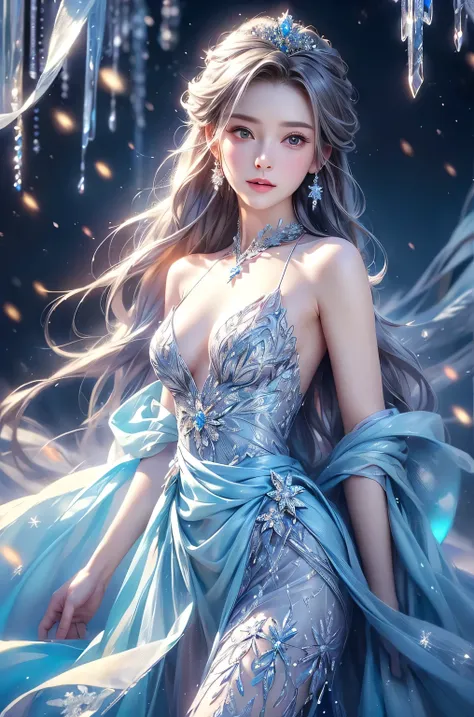 (Upper body photo:1.5)、dutch angle. wood, Exquisite mini ice spikes and crystals, A frozen waterfall in the background, Light reflected by ice crystals, Flowing snowflakes.1 girl、pretty girl,A realistic person,Beautiful cleavage,((small breasts)),Thin legs...