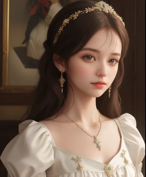 "Extremely detailed, Realistic portrait of a girl in a porcelain high-necked dress. This dress is beautifully decorated，Accessorize with delicate hair accessories and beautiful necklace. The girl&#39;s face has been carefully sculpted, Characterized by exq...