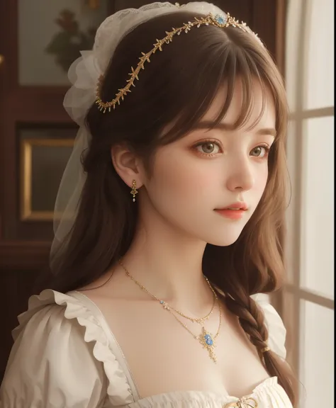 "Extremely detailed, Realistic portrait of a girl in period costume wearing a porcelain high-necked dress. This dress is beautifully decorated，Accessorize with delicate hair accessories and beautiful necklace. The girl&#39;s face has been carefully sculpte...