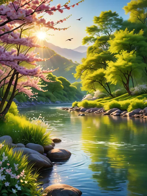 (best quality,4k,8k,highres,masterpiece:1.2),ultra-detailed,(realistic,photorealistic,photo-realistic:1.37),serene landscape,picturesque sunset,gentle waves rolling on the beach,lush green mountains in the distance,blossoming cherry trees,tranquil river fl...