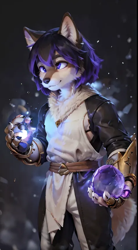 A Black and Tan wolf furry with floppy ears with a Giants purple Clawed gauntlet on their left hand and holding a black and purple fireball in their right hand