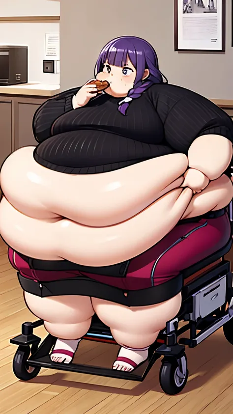 Fat woman, big Belly, very long hair, braids , fat face, purple hair, very wide hips, eating a whole pizza, sitting in an electric wheelchair, wearing a tight skirt, tight sweater, belly sagging, wide waist, very fat neck, fat legs, thick arms, in a house