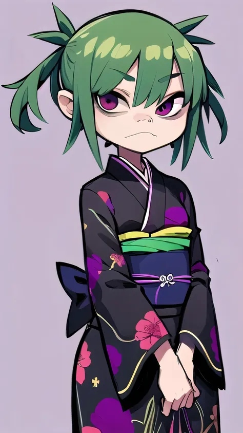 masterpiece, best quality, 1girl, solo, looking at viewer, green hair, twin tail, orange eyeballs, elegant, black kimono, bold l...