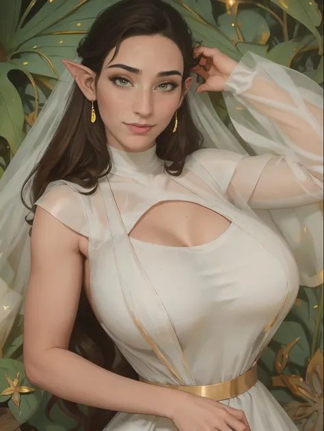 extremely busty thin and toned brunette elf maiden, elegant woman, fair skin, loose updo, soft face, elf ears, athletic, (gigant...