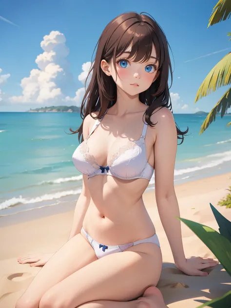 1 girl, solo, (8k, masterpiece, ultra-detailed, best quality, ultra high res, newest, very aesthetic, absurdres, illustration, perfect composition),
bangs, bare shoulders, barefoot, beach, blue eyes, blue sky, bow, bow panties, bra, branch, breasts, brown ...