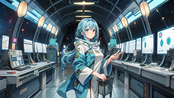 A girl around 13 years old, a little more mature, active and casually dressed, with medium-long ash blue hair and beautiful jade-colored almond eyes, about 125cm tall, in the lobby of an outer space relay spaceport, there are a moderate number of people be...