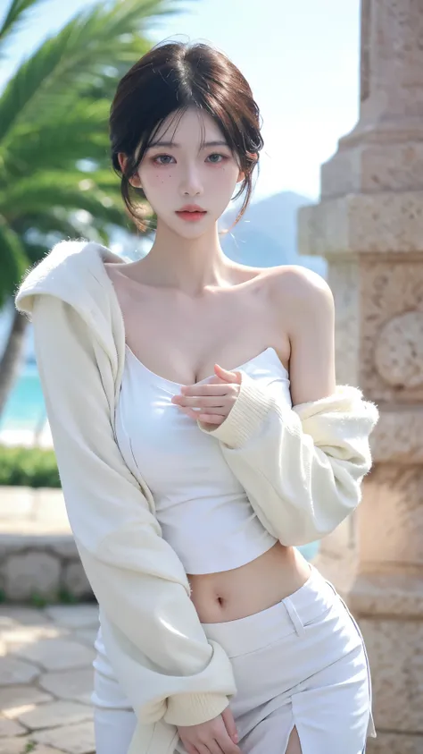 Beautiful woman with perfect figure:1.4，snow，Touching butt with both hands，snow背景，Layered Hairstyle，White skin，Prominent cleavage，Pleated Skirt，whole body，Very delicate face and skin texture，Double eyelids，Skin Whitening，Long white hair