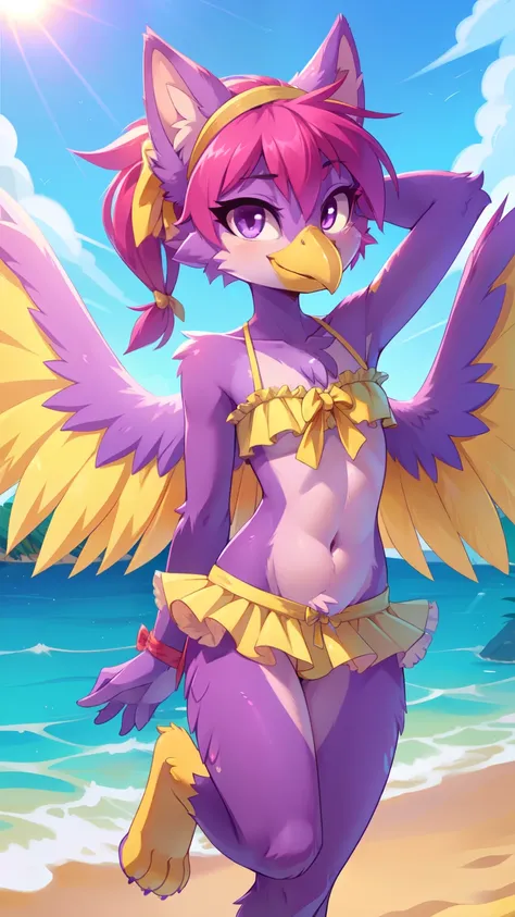 score_9,score_8_up,score_7_up, source_cartoon, source_furry, Furry girl, bird, yellow bird beak, magenta hair, spiky hairstyle, pointy bangs, pointy ponytail, anime style, small breasts, purple eyes, big eyebrows, ((purple animal ears)), ((yellow ruffled f...