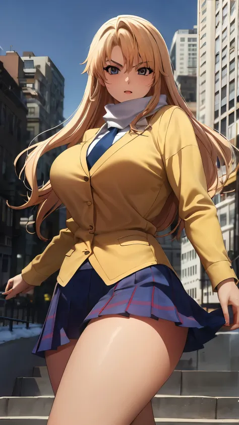 1girl, satella, serious, blonde hair, long hair,
BREAK (school uniform,necktie,yellow sweater,white shirt,long sleeves,blue skirt,socks,black socks,loafers:1.2)
BREAK ((tall buildings, city, winter, scarf)),
BREAK ((anime girl)), best quality, expressive e...