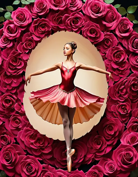 a portrait of an epic rose that has a female classical ballet prima ballerina dancer in the ((middle of a blossoming rose)), a full body picture ((anatomically correct: 1.5)) of a exquisite beautiful female dancer wearing silk evening dress, intricate dres...