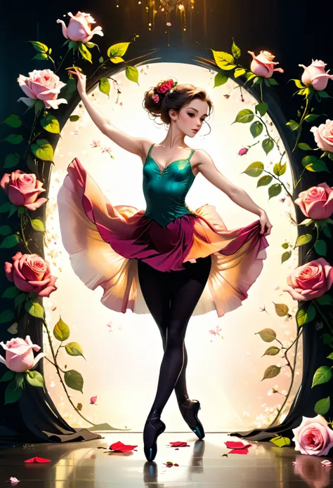 a portrait of female classical ballet prima ballerina dancer in the ((middle of blossoming rose: 1.5)), a full body picture ((anatomically correct: 1.5)) of a exquisite beautiful female dancer wearing silk evening dress, intricate dress dynamic hair color,...