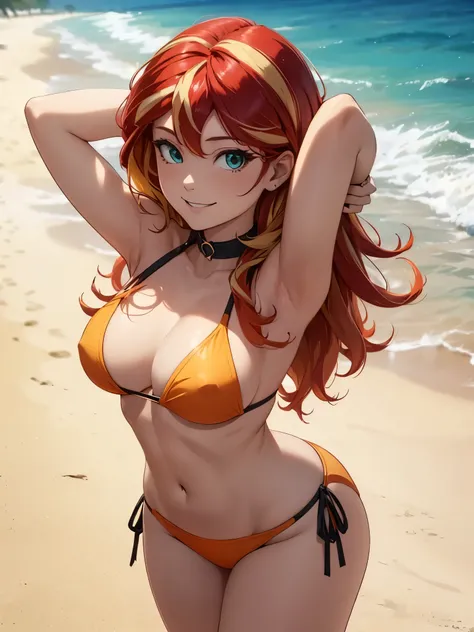 sunsethuman, female, two hair tones, red and yellow hair, wearing a short shirt, bikini bottom, smiling, stretching arms, beach