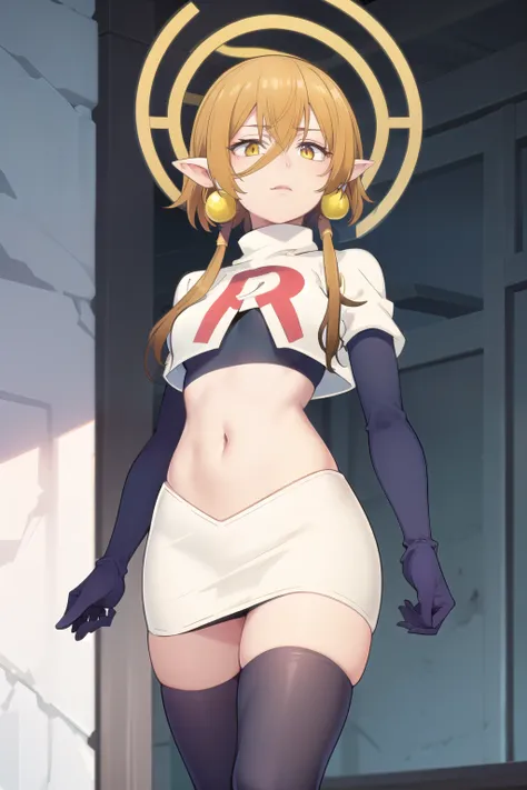 (Masterpiece), (realistic skin texture), extremely detailed, best quality, woman, short hair, blonde hair, yellow eyes, long twintails, pointy ears, halo, gold and purple earrings, team rocket,team rocket uniform,white skirt,red letter R,crop top,black thi...