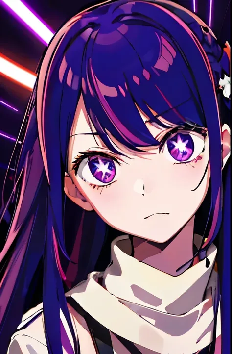 alone, Hoshino Ai, long hair, purple hair, My hair is streaky. ,purple eyes, star shaped pupil, hair accessories, Show off your skills by swinging your lightsaber.