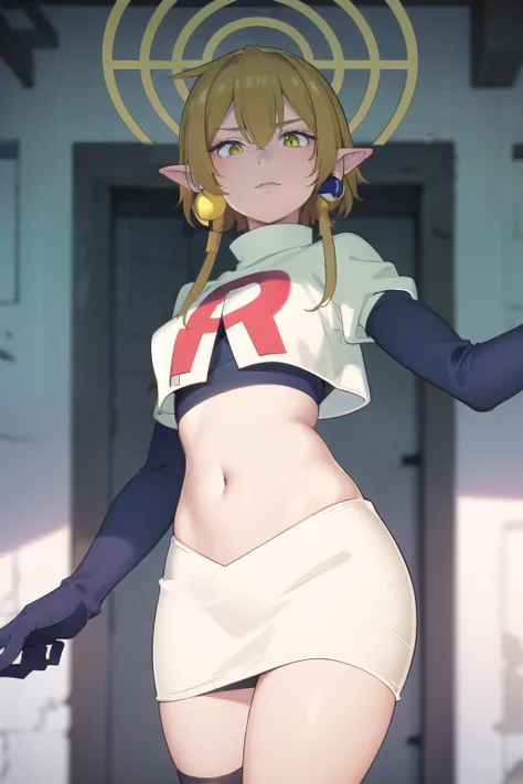 (Masterpiece), (realistic skin texture), extremely detailed, best quality, woman, short hair, blonde hair, yellow eyes, long twintails, pointy ears, halo, gold and purple earrings, team rocket,team rocket uniform,white skirt,red letter R,crop top,black thi...