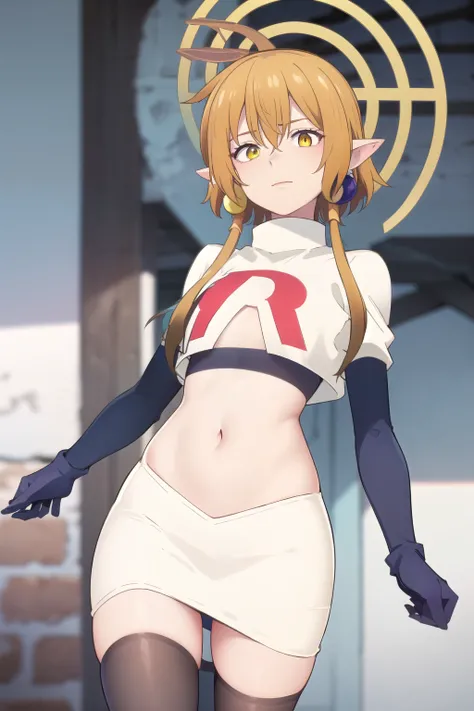 (Masterpiece), (realistic skin texture), extremely detailed, best quality, woman, short hair, blonde hair, yellow eyes, long twintails, pointy ears, halo, gold and purple earrings, team rocket,team rocket uniform,white skirt,red letter R,crop top,black thi...