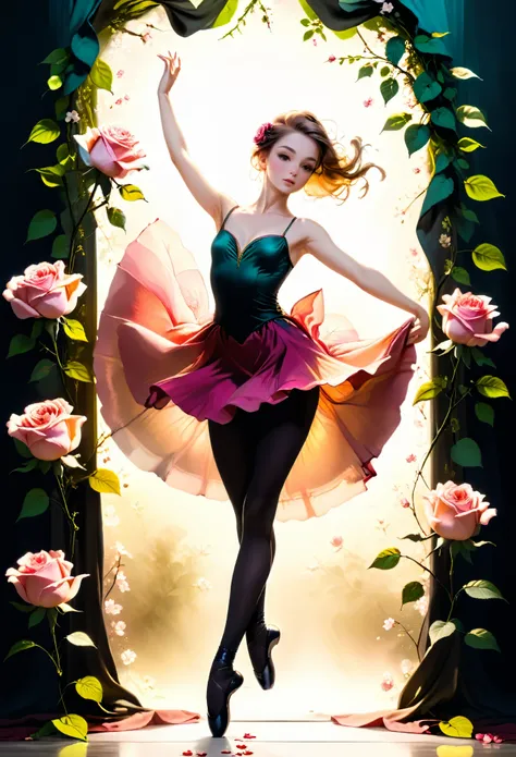 a portrait of female classical ballet prima ballerina dancer in the ((middle of blossoming rose: 1.5)), a full body picture ((anatomically correct: 1.5)) of a exquisite beautiful female dancer wearing silk evening dress, intricate dress dynamic hair color,...